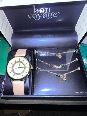 Bon Voyage Pink Leather Strap Watch w/ Gold-Tone Case & Necklace Set—New in Box!